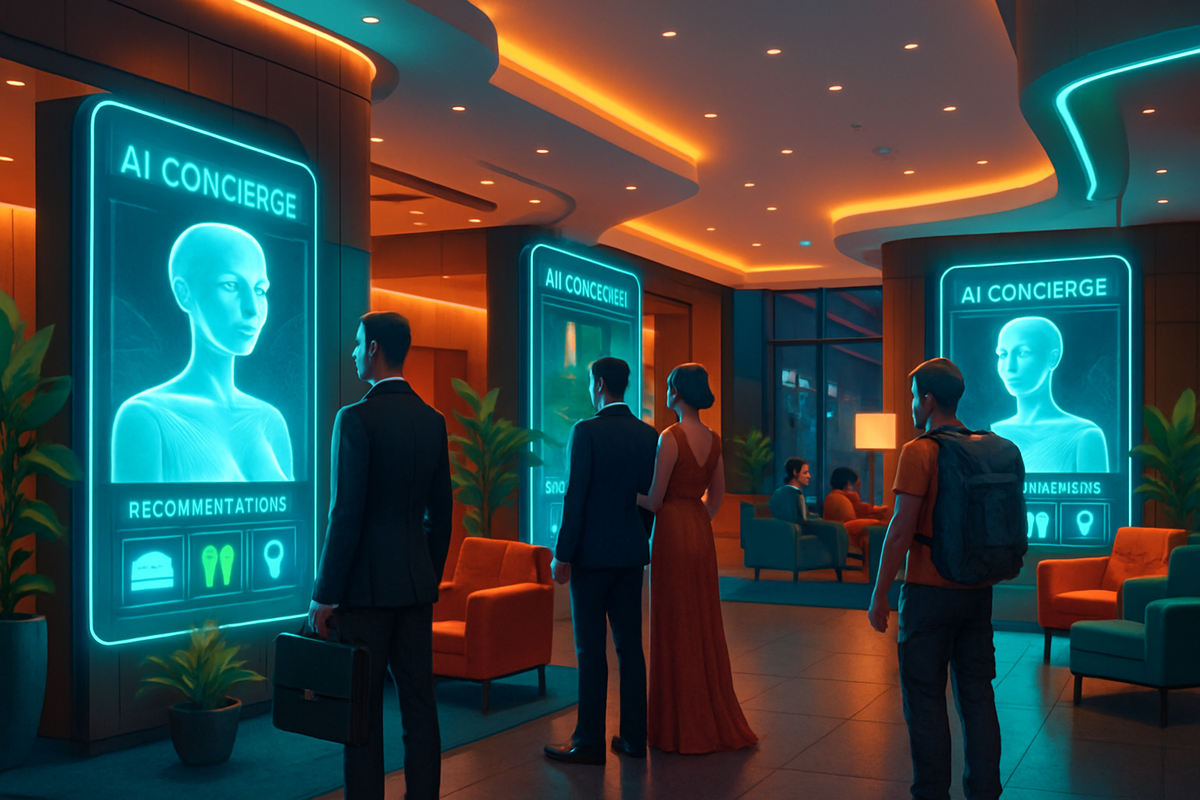 The image depicts a futuristic lobby with several people interacting with holographic AI concierge displays in a stylish, vibrant atmosphere.