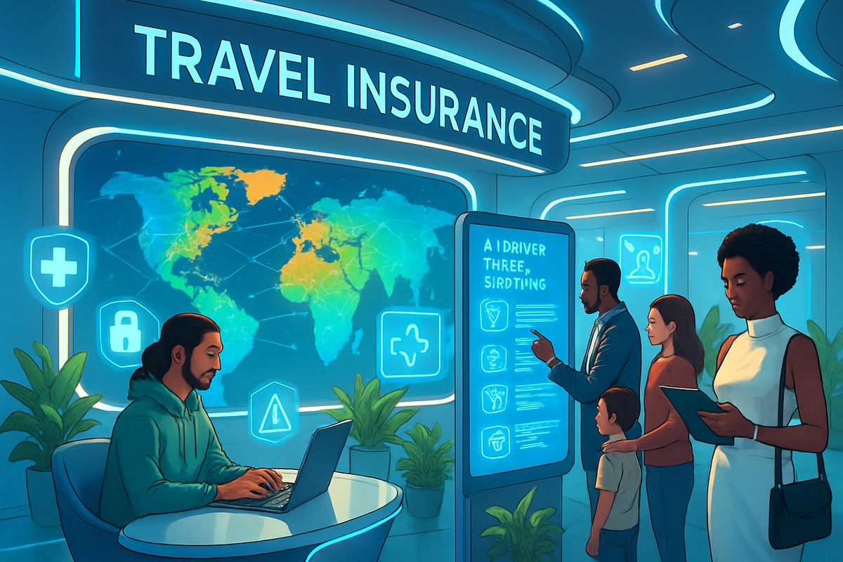 The image depicts a modern travel insurance office with a map, digital displays, and customers interacting with staff and technology.
