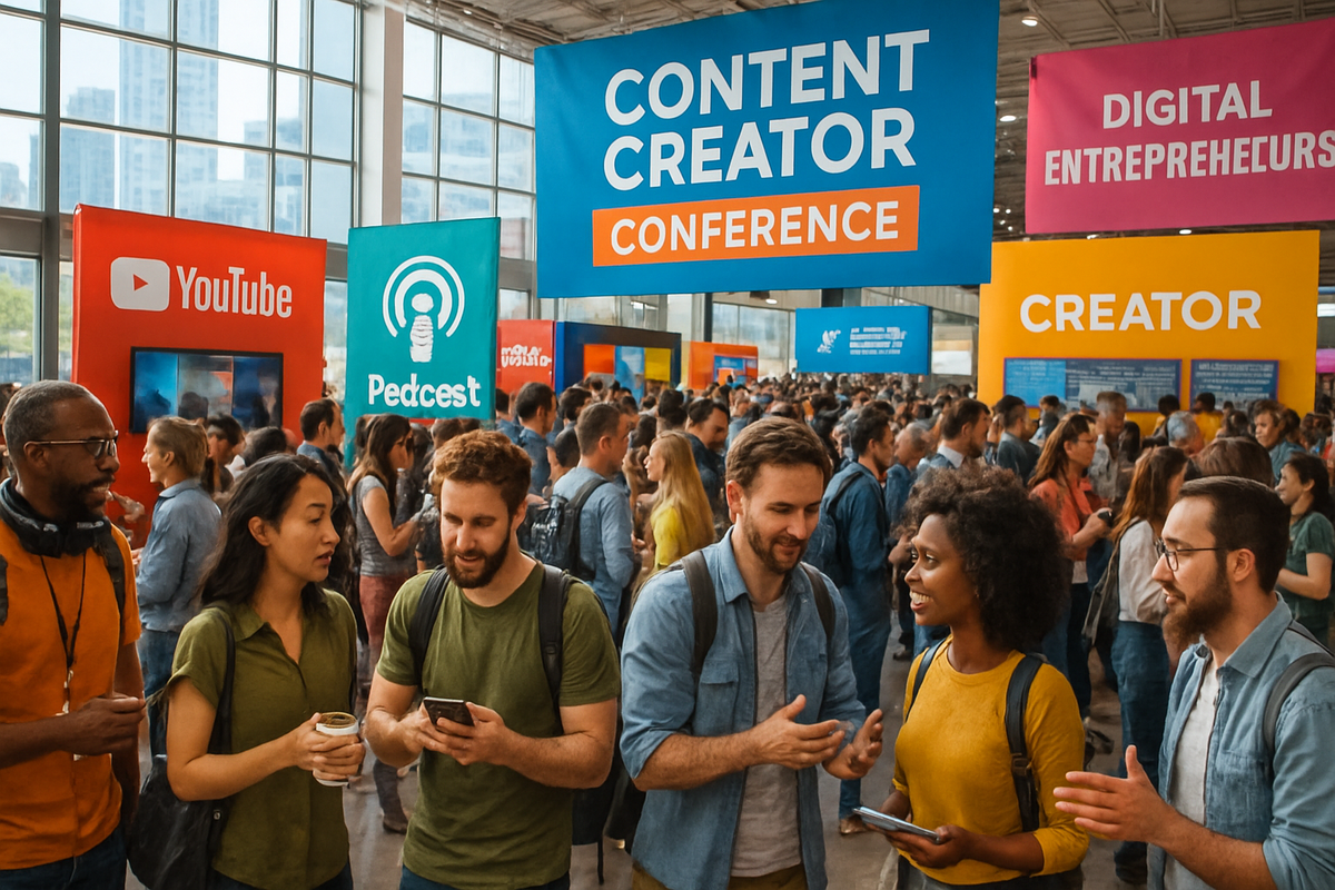 The image shows a bustling conference scene with attendees engaging in conversation and various colorful banners promoting content creation and digital entrepreneurship.