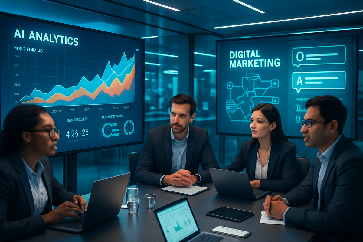 The image depicts a group of four professionals in a modern conference room, engaged in a discussion with data analytics and digital marketing charts displayed on screens behind them.
