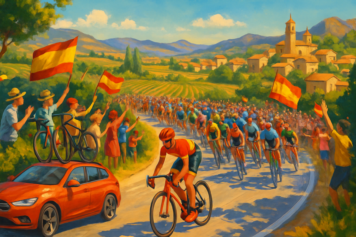 The image depicts a lively cycling race through a scenic countryside, with spectators waving Spanish flags and cheering along a winding road.