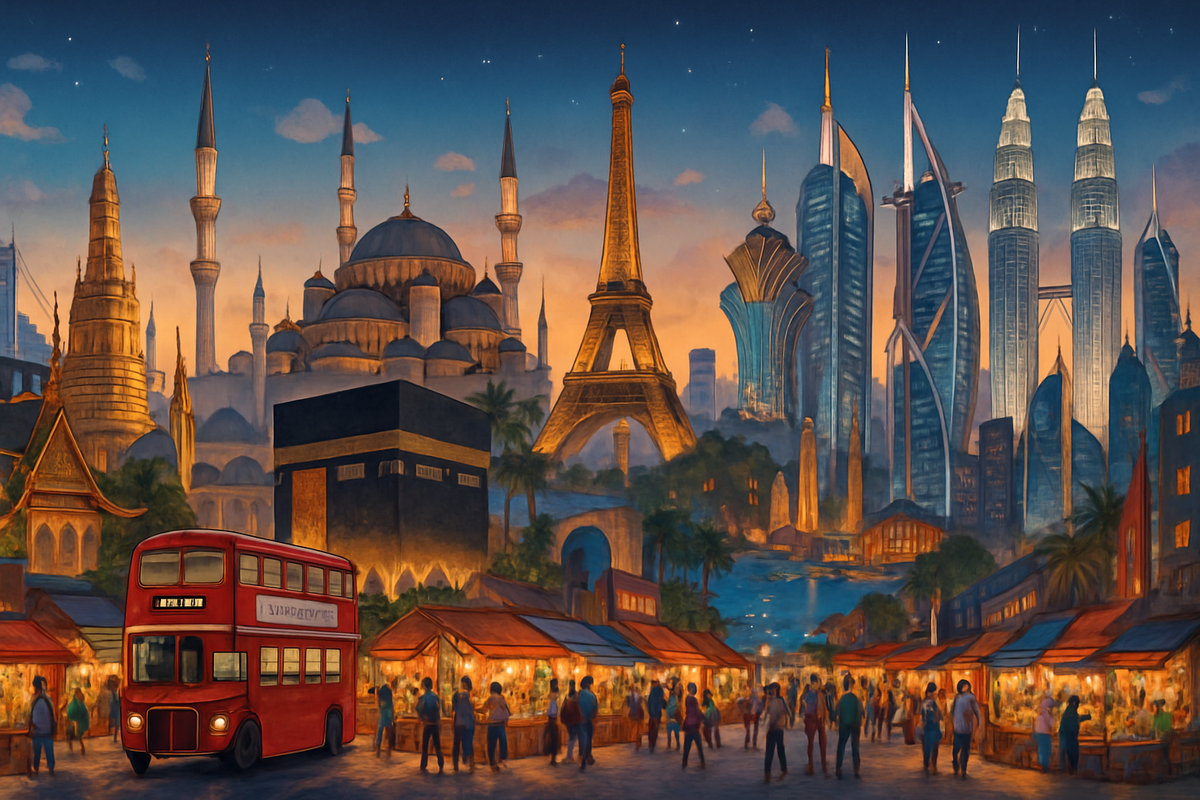 The image depicts a vibrant cityscape blending iconic landmarks from around the world, including a red double-decker bus and a lively market scene at dusk.