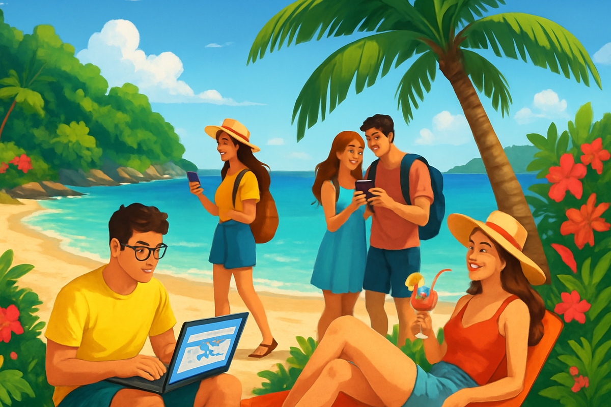 The image depicts a vibrant beach scene with four young people enjoying their time, two are using smartphones, one is working on a laptop, and one is relaxing with a drink.