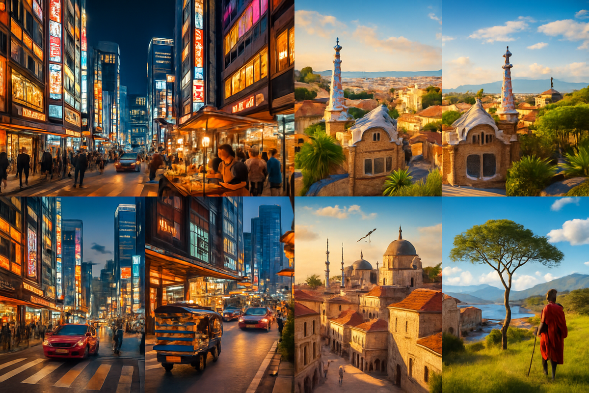 The image features a vibrant split depiction of a bustling city scene with neon lights in the top half and serene historical architecture amidst nature in the bottom half.