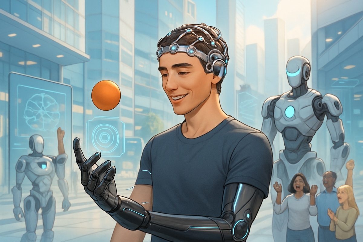 A young man with a robotic arm and a headset is smiling while balancing an orange ball, surrounded by futuristic robots and amazed onlookers.