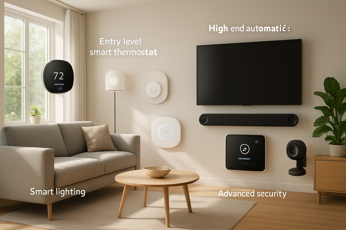 The image shows a modern living room with smart home devices including a thermostat, lighting, and security system, alongside a TV and a cozy couch.