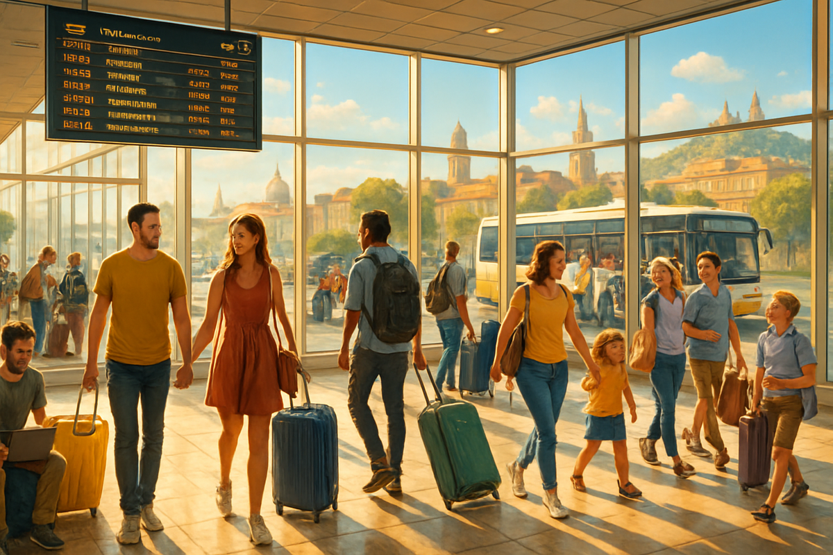 A bustling airport scene shows travelers with luggage, families and couples interacting, and bright sunlight streaming through large windows.