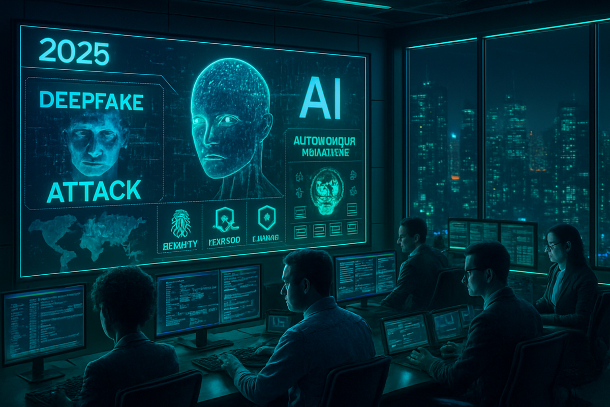 The image depicts a futuristic control room with individuals monitoring AI-related data and deepfake threats on large screens, illuminated by a blue-green hue.