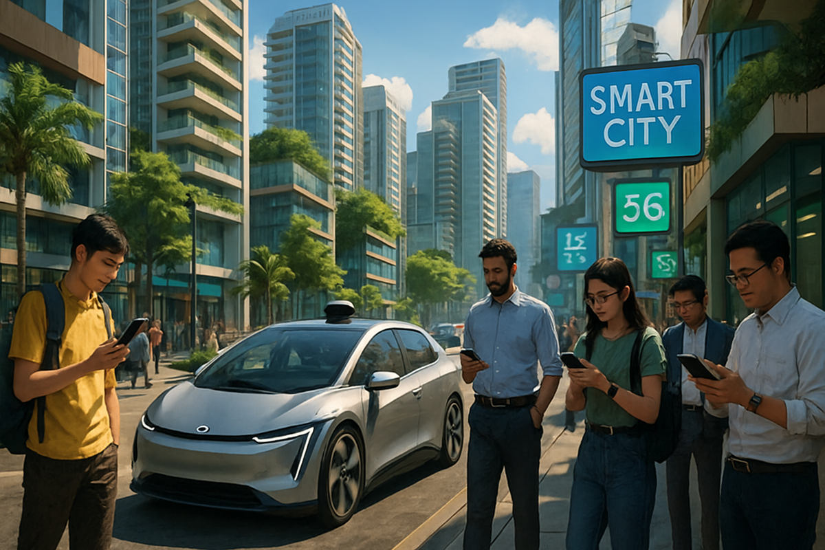 A busy urban street scene featuring people using smartphones while an autonomous car waits nearby, set against modern skyscrapers and green signage.