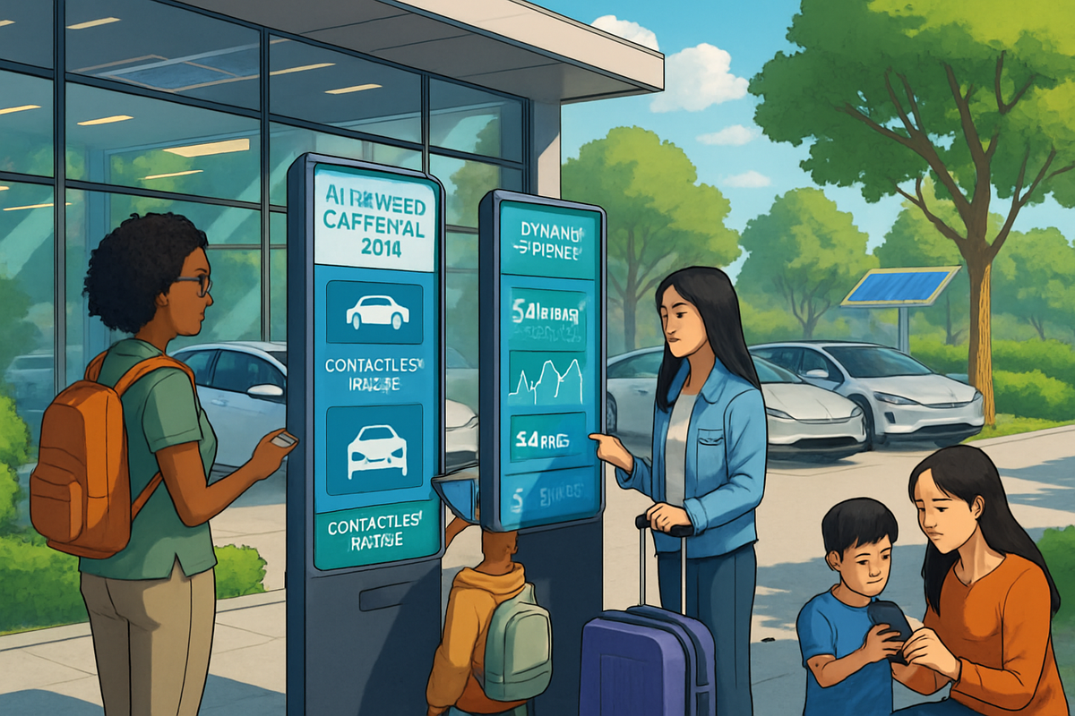 The image depicts two women interacting with digital kiosks outside a modern building, while a child observes them, surrounded by cars and greenery.