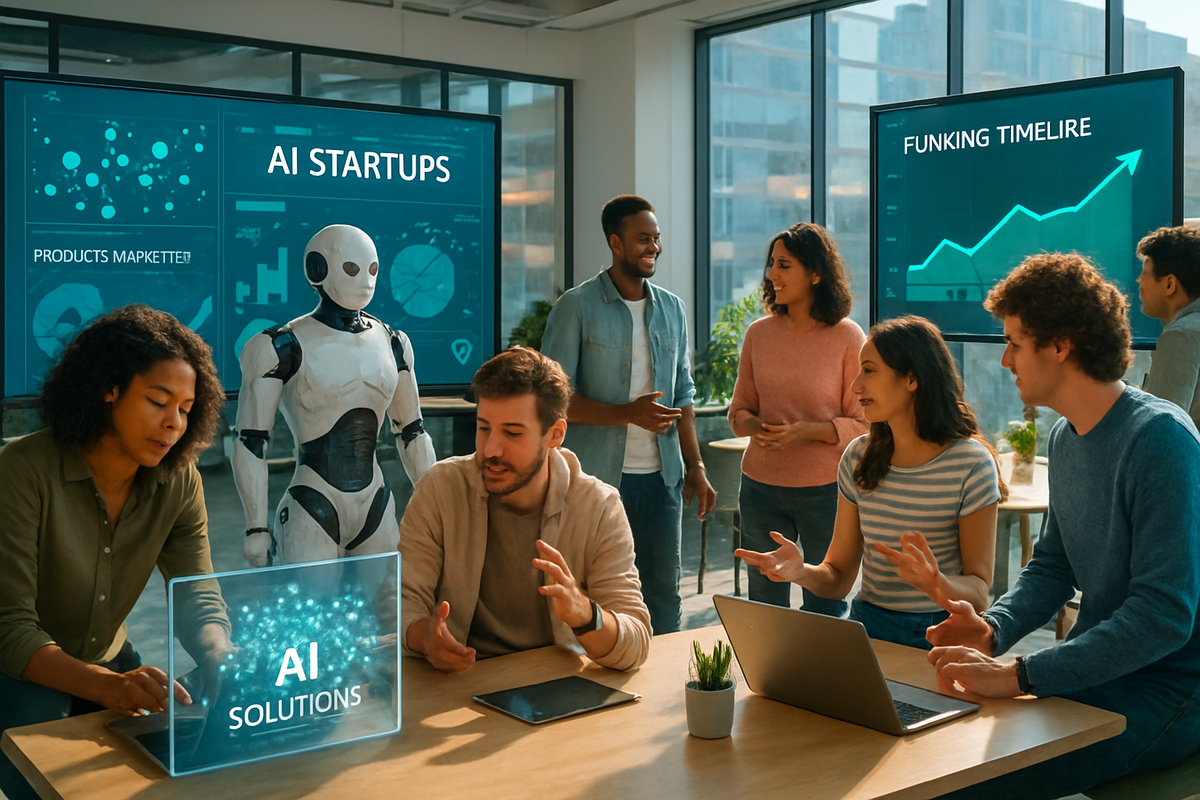 The image depicts a diverse group of people in a modern office space discussing AI solutions with digital displays and a humanoid robot present.
