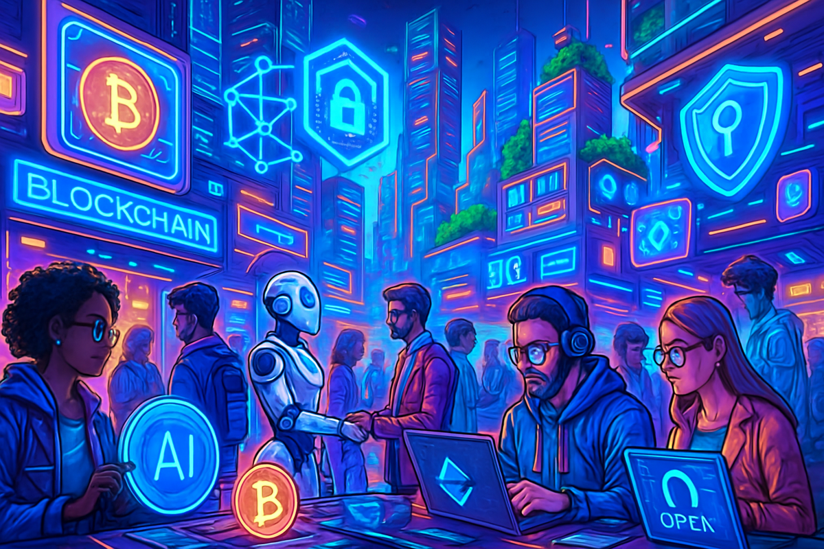 The image depicts a futuristic urban scene with people interacting and technology symbols like blockchain, AI, and cryptocurrencies illuminated in neon lights.