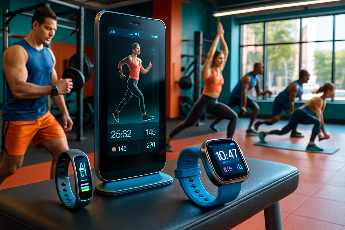 The image shows a modern gym with people exercising, featuring a smartphone displaying a running animation and two fitness wristwatches on a bench.