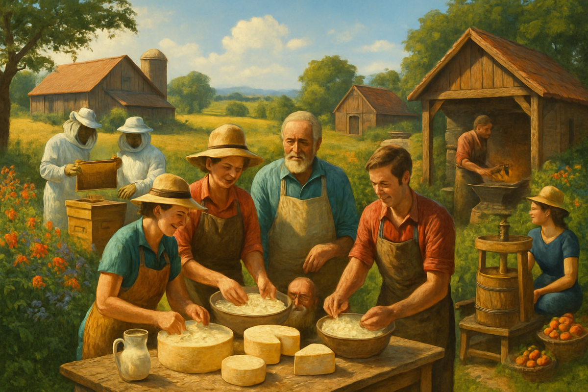 The image depicts a lively rural scene where several people are engaged in cheese-making and other farming activities, surrounded by lush greenery and rustic buildings.