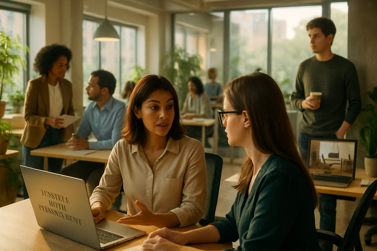The image shows a modern office environment where two women are engaged in discussion while others work in the background.