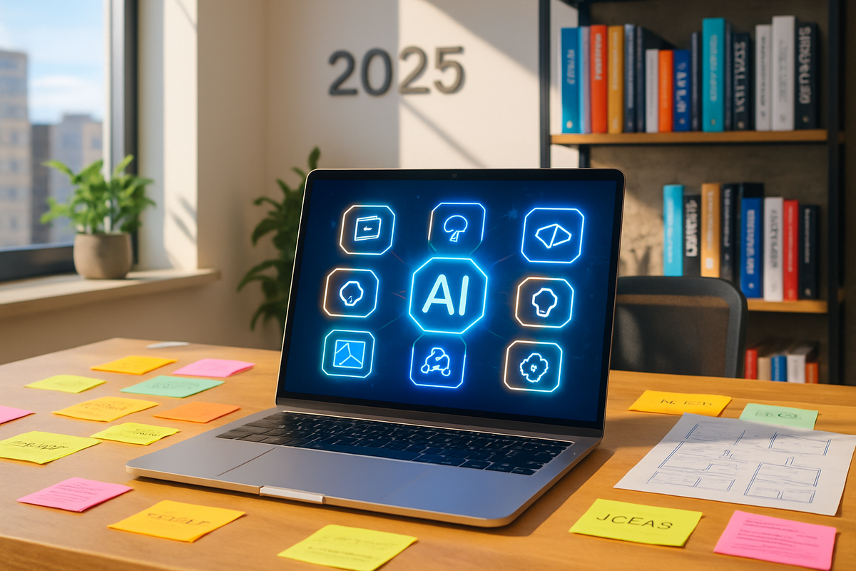 The image features a laptop displaying various AI-related icons, surrounded by colorful sticky notes on a wooden desk, with the year "2025" visible in the background.