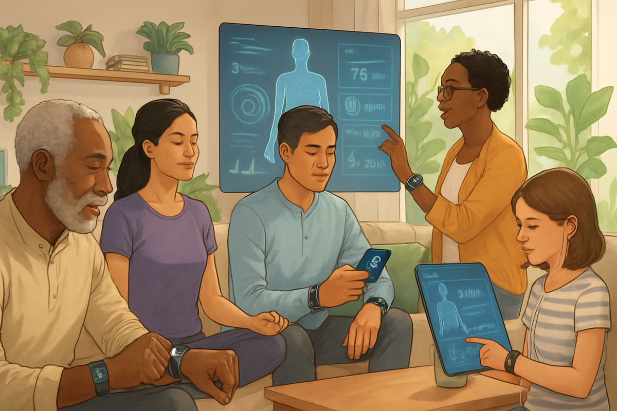 A diverse group of people is gathered in a bright room, engaged with wearable health technology and digital health displays.