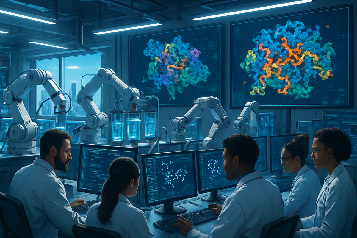The image depicts a high-tech laboratory where a team of scientists in lab coats collaborates with robotic arms, analyzing molecular structures displayed on computer screens.