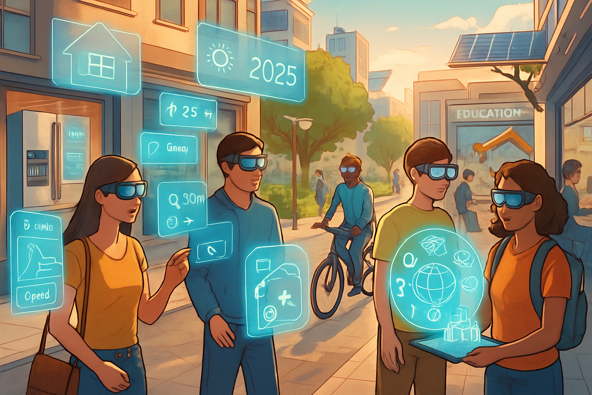 A group of people wearing futuristic glasses interact with holographic displays in a vibrant urban setting.