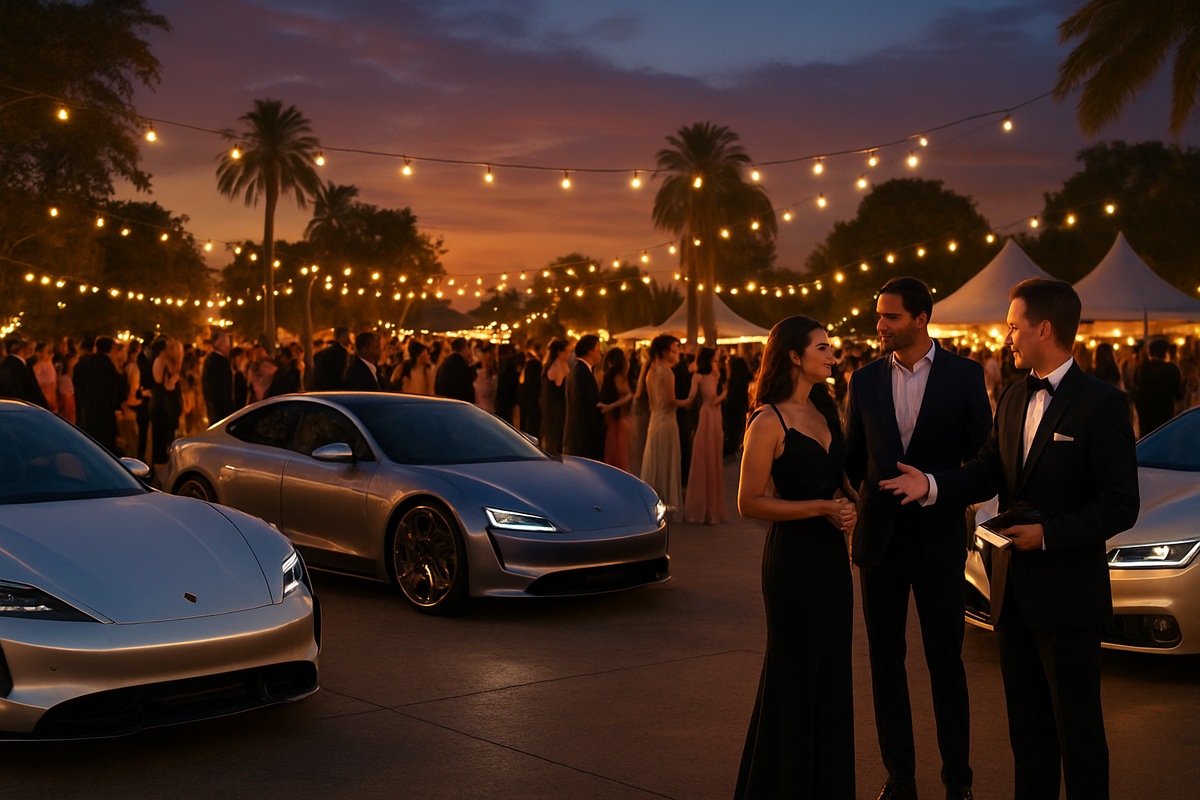 The image depicts an elegant outdoor event at sunset with three well-dressed individuals conversing near luxury cars, while a lively crowd enjoys the festivities under string lights.