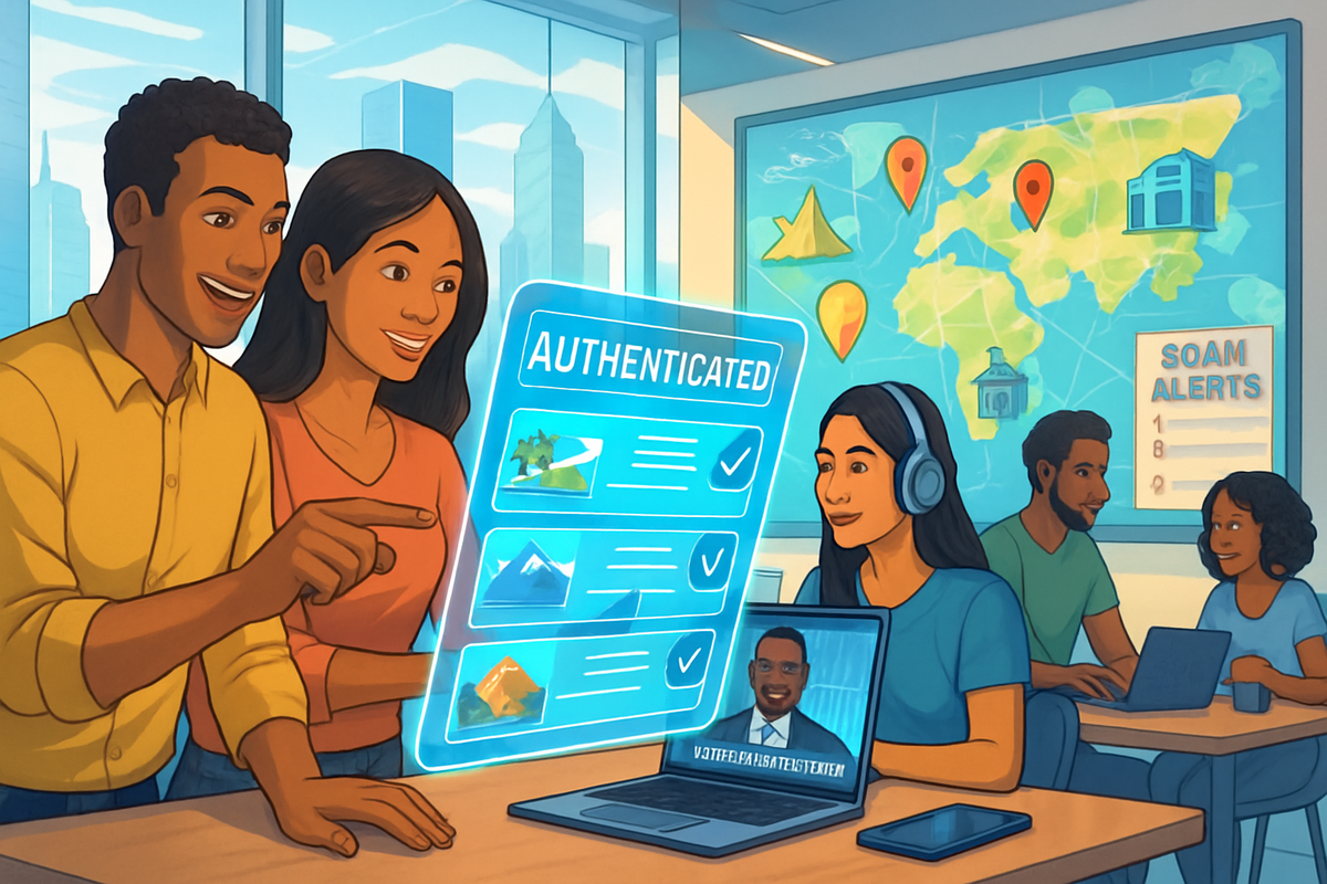 The image depicts a lively co-working space where a diverse group of people engages with technology, focusing on a holographic display showing authenticated images.