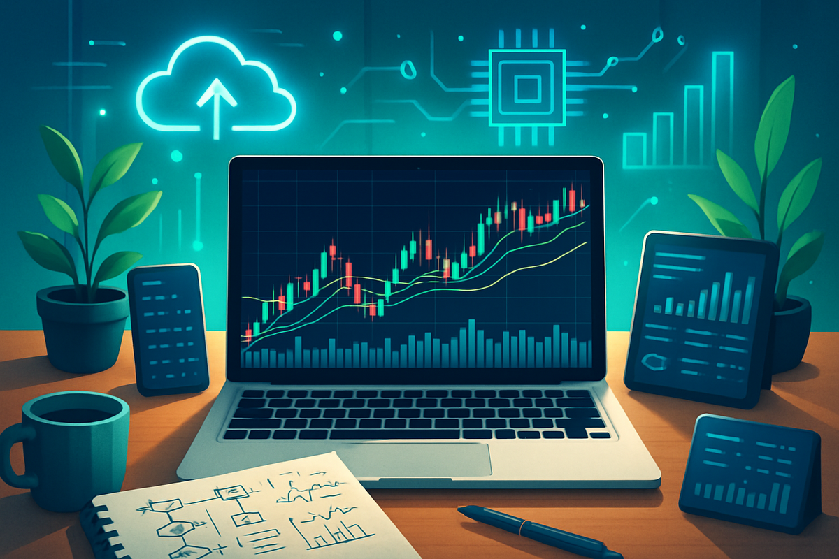 The image shows a laptop displaying stock market graphs, surrounded by plants, smartphones, and a notebook with sketches, set against a tech-themed background.