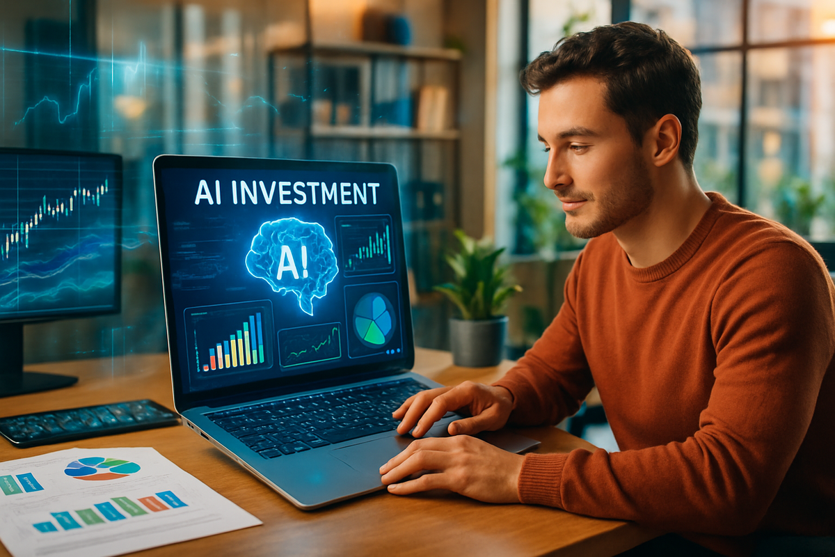 A young man sits at a desk working on a laptop displaying data about AI investments, with a graph and charts visible on the screen.