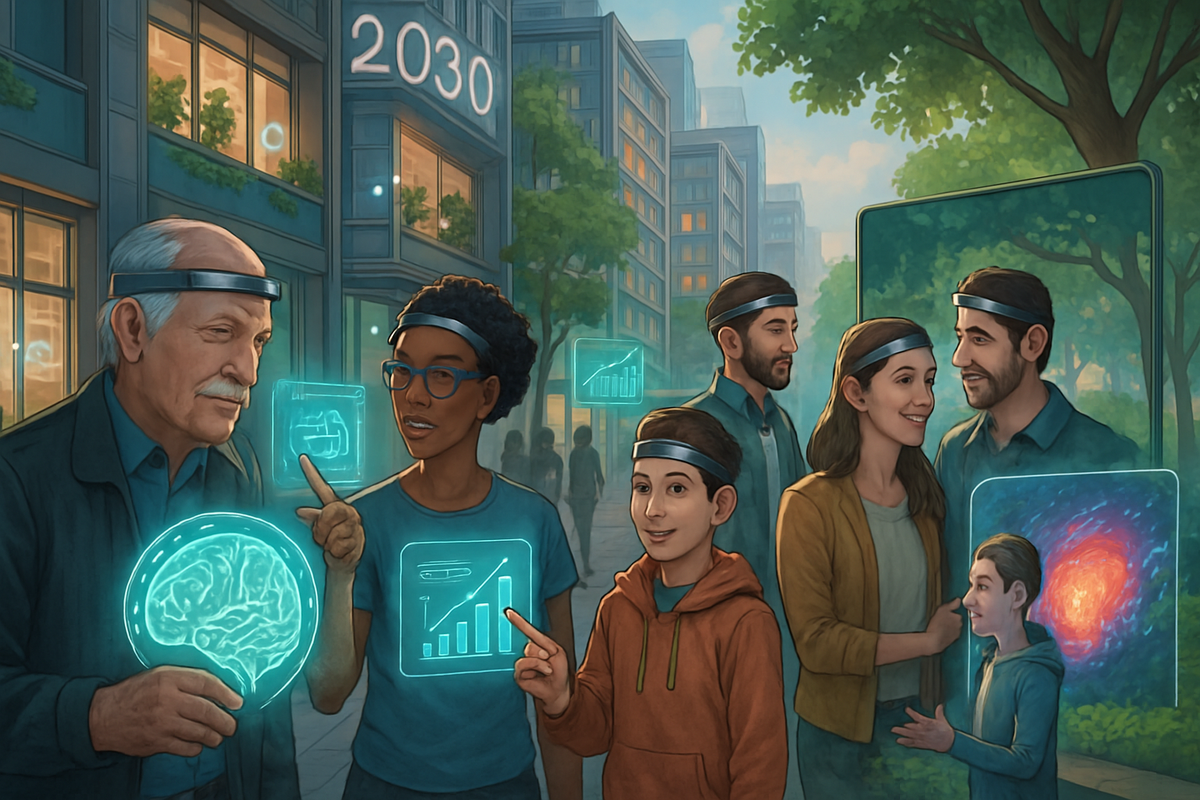 The image depicts a futuristic scene with diverse individuals interacting and using holographic technology in a city setting.