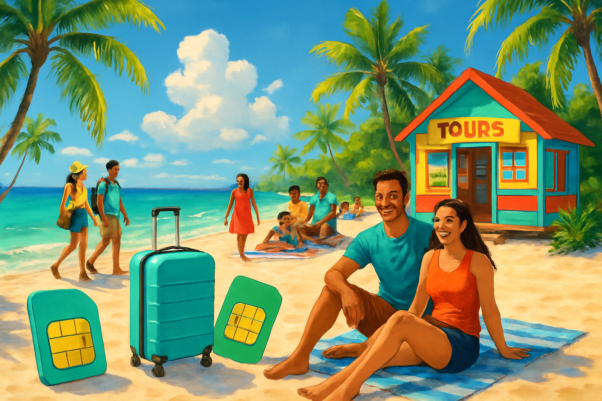 The image depicts a vibrant beach scene with happy couples relaxing on the sand next to a colorful tour shack, surrounded by palm trees and vacationers enjoying the sun.