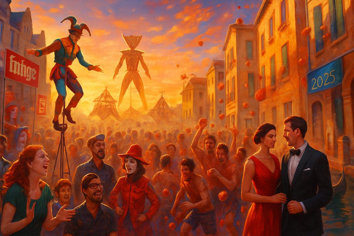 The image depicts a vibrant festival scene with a jester on a tightrope, a large figure in the background, and a crowd of people celebrating in a colorful setting at sunset.