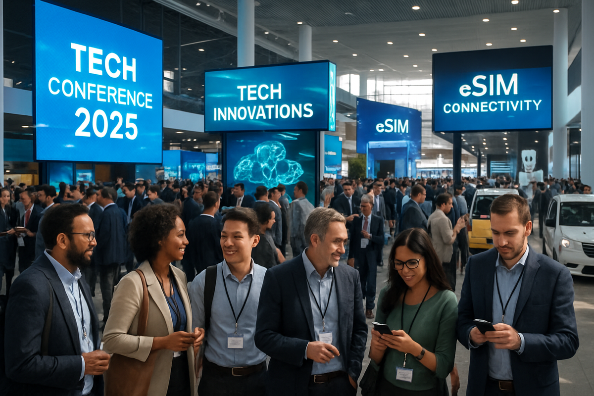 The image depicts a bustling tech conference in 2025 with attendees engaged in conversation and interacting with digital displays showcasing tech innovations and eSIM connectivity.
