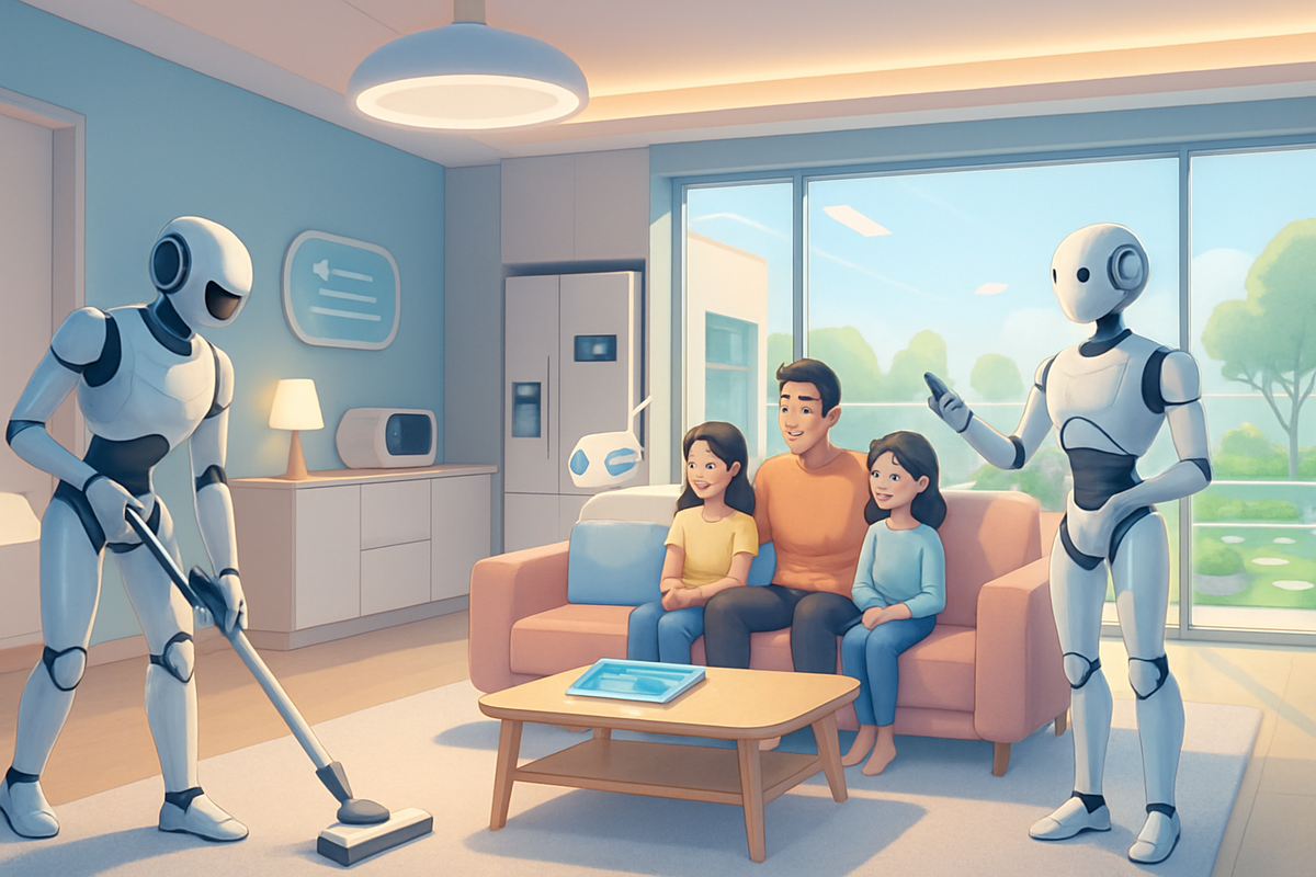 A family sits on a couch in a modern living room while two robots interact with them, one cleaning and the other gesturing.