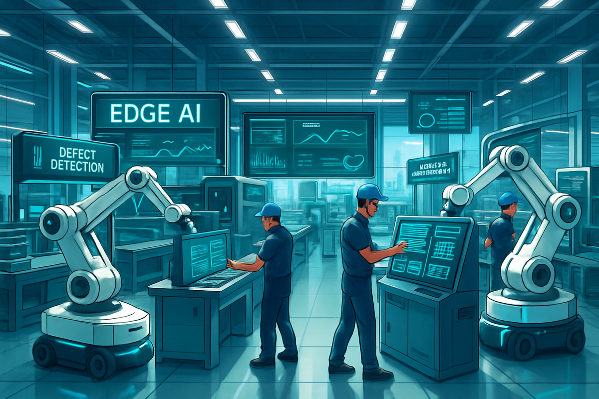 The image depicts a modern factory setting with workers operating touchscreen displays alongside robotic arms, featuring signage for "EDGE AI" and "DEFECT DETECTION."