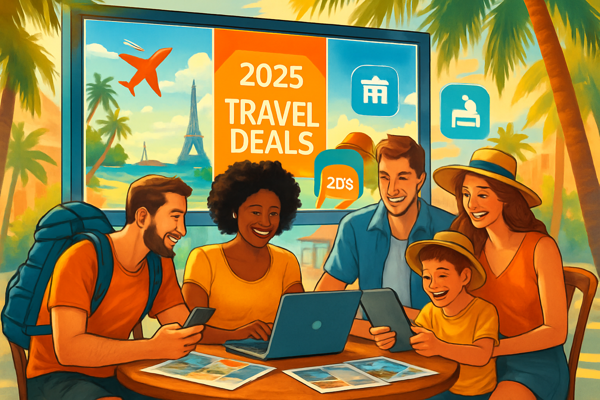 A group of five people joyfully exploring travel deals on devices, surrounded by a tropical setting featuring palm trees and travel icons.
