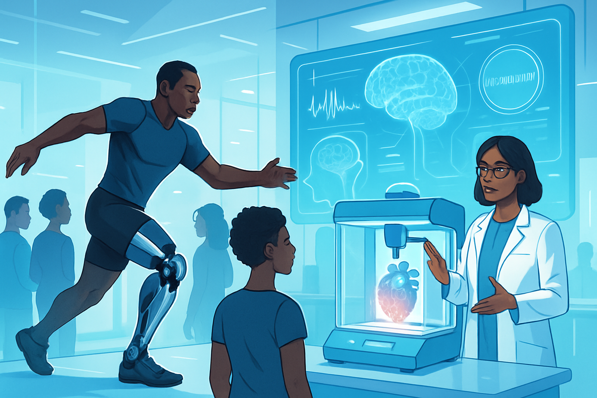 The image depicts a scientist explaining advanced medical technology to a young boy while a man with a prosthetic leg demonstrates his abilities.
