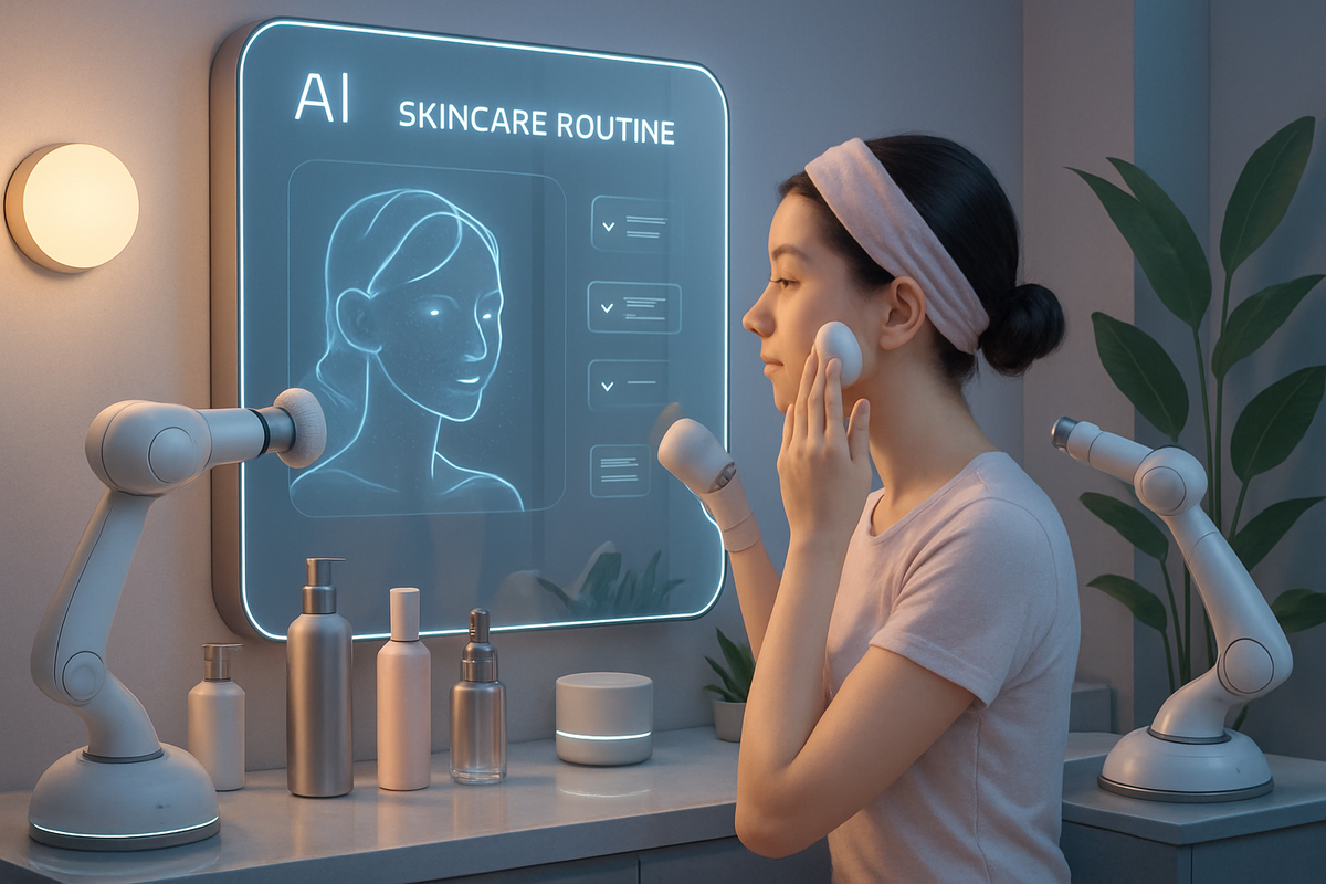 A woman applies skincare using a device while following an AI-assisted routine displayed on a digital mirror.