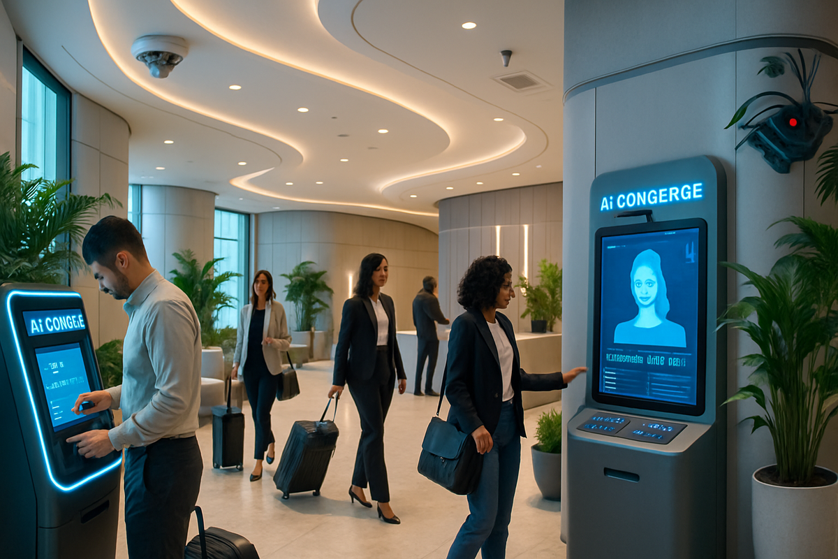The image shows a modern lobby with travelers interacting with high-tech AI concierges while surrounded by plants and elegant decor.