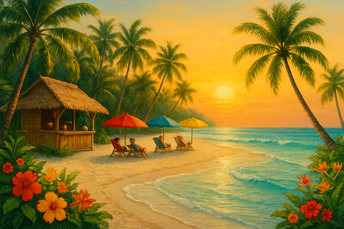 A tranquil beach scene at sunset featuring palm trees, colorful umbrellas, and two people relaxing on lounge chairs by the shore.
