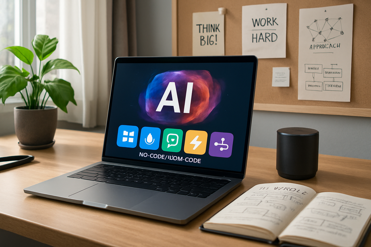 The image shows a laptop on a wooden desk displaying an "AI" interface with various app icons, accompanied by a plant, a notebook, and wall notes.