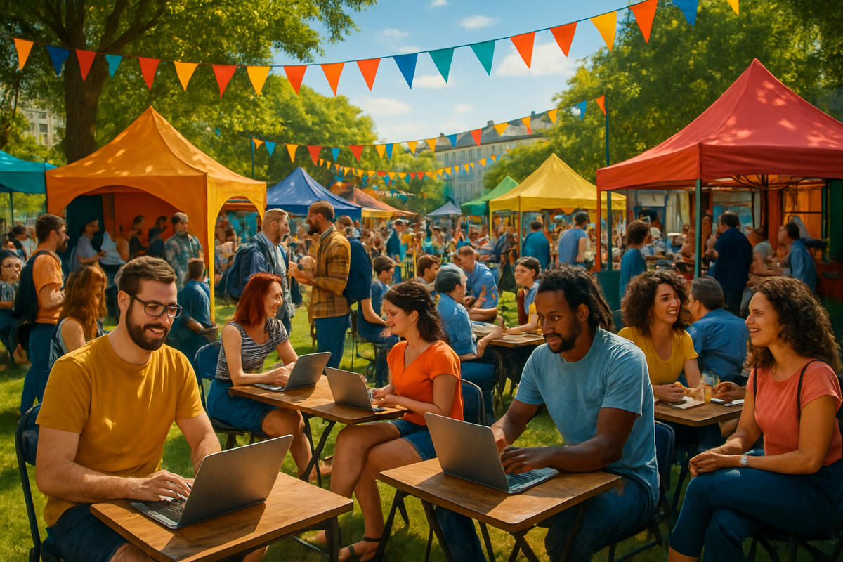 The image depicts a vibrant outdoor market scene with colorful tents, people enjoying food and drinks, and some individuals working on laptops at tables.