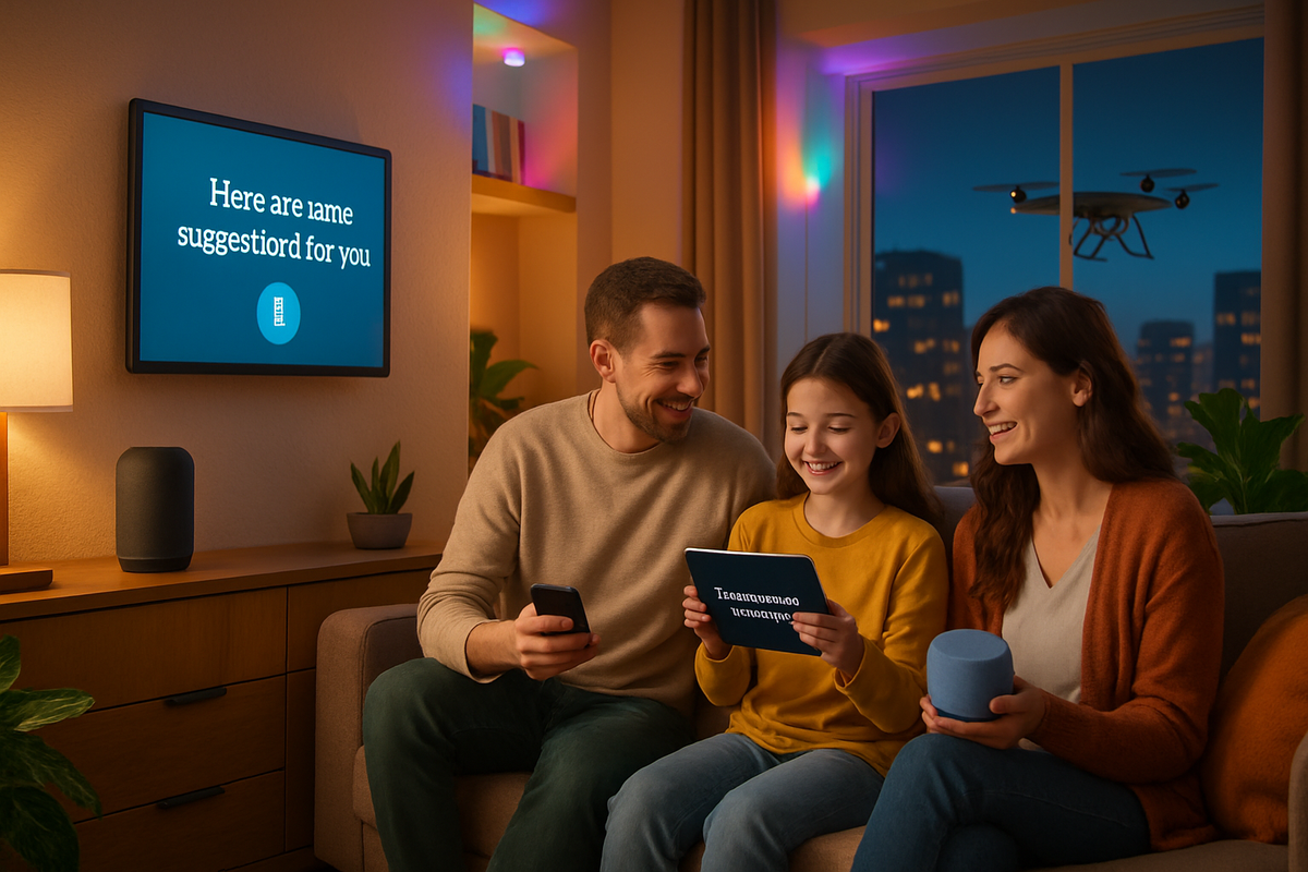 A family is enjoying time together on a couch, engaging with a tablet and smartphone while a TV screen displays suggestions.