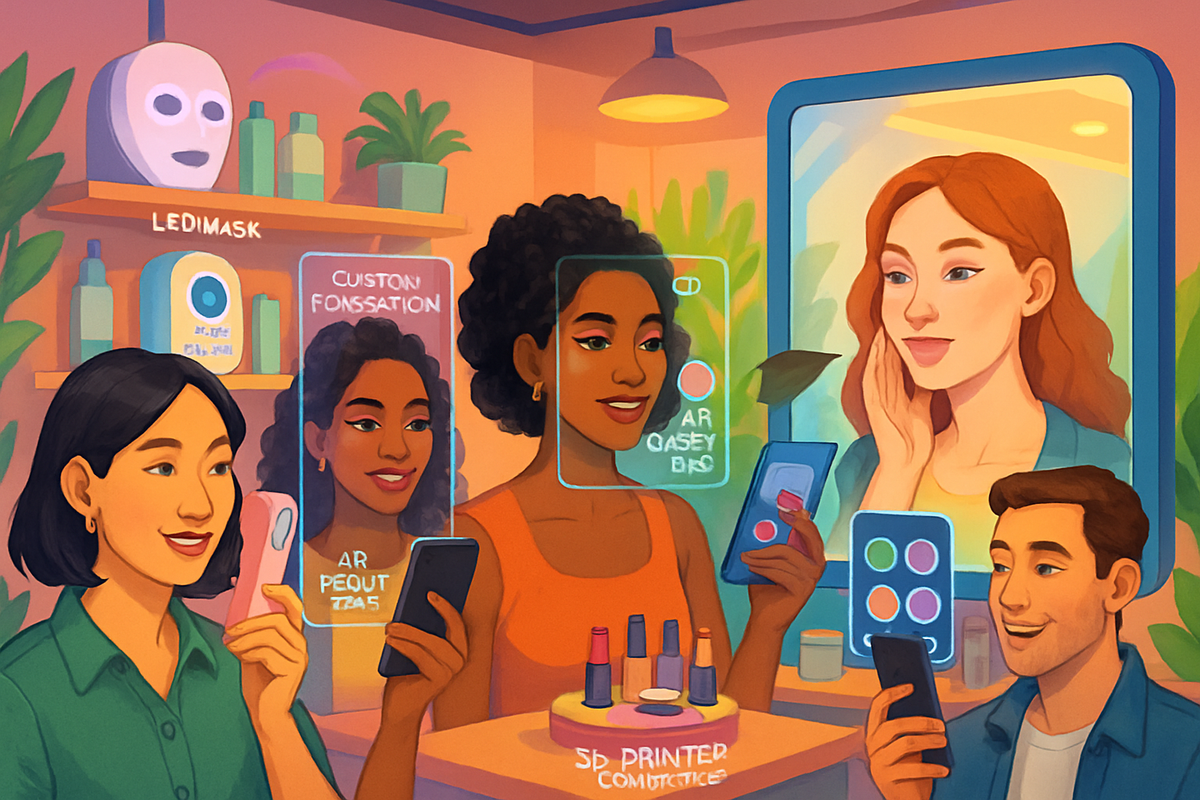 The image depicts a vibrant beauty tech scene with diverse individuals interacting with digital devices and smart beauty products in a contemporary setting.