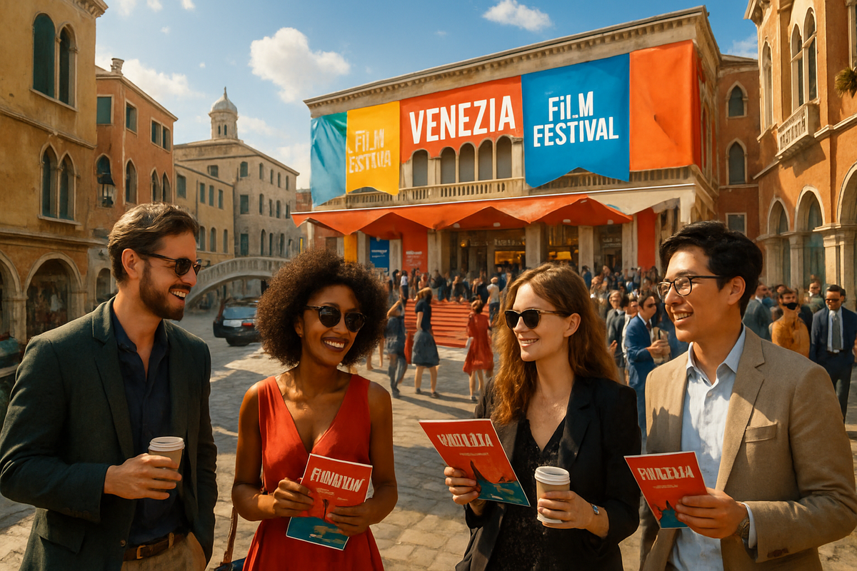 A group of four people smiles and holds festival programs in front of a vibrant building with a "Venezia Film Festival" banner.