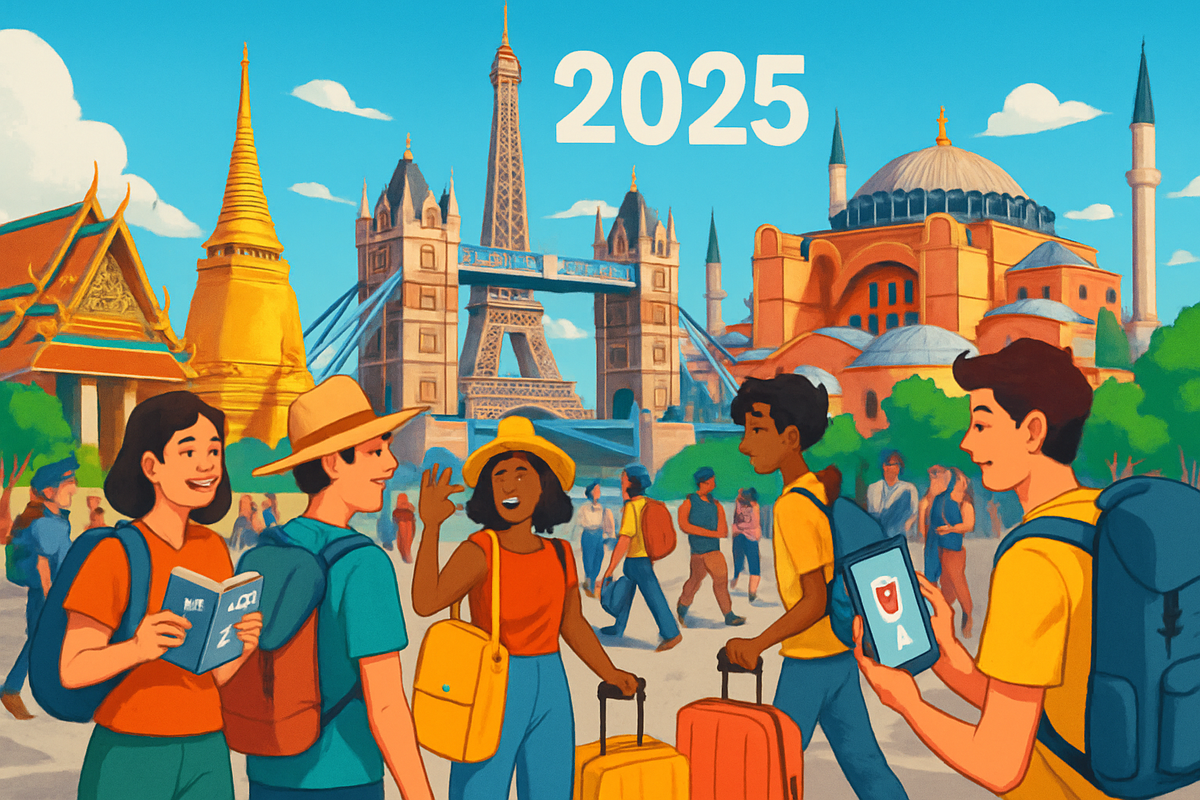 The image depicts a vibrant travel scene with diverse people near famous landmarks like the Eiffel Tower, celebrating 2025.