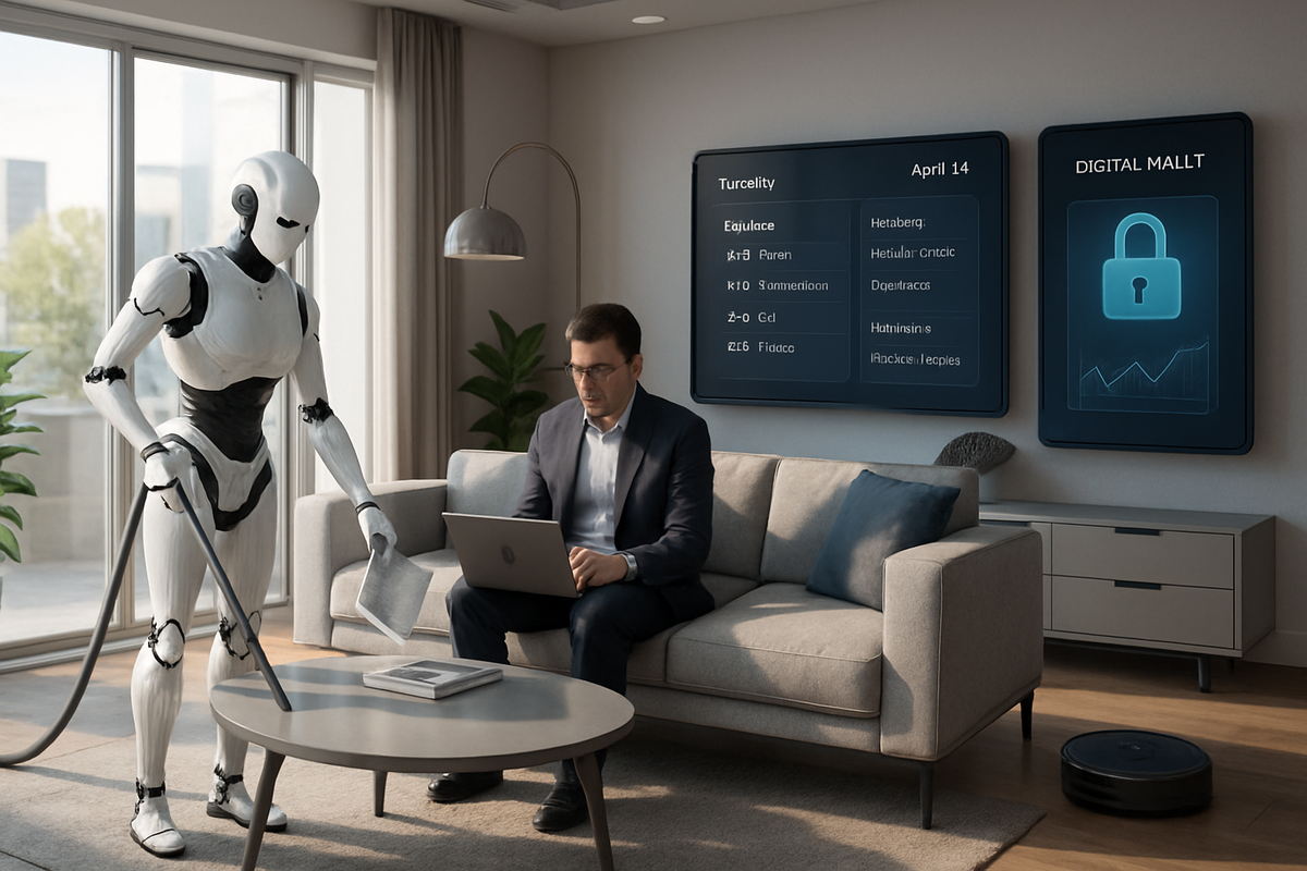 A humanoid robot assists a man working on a laptop in a modern living room with digital displays.