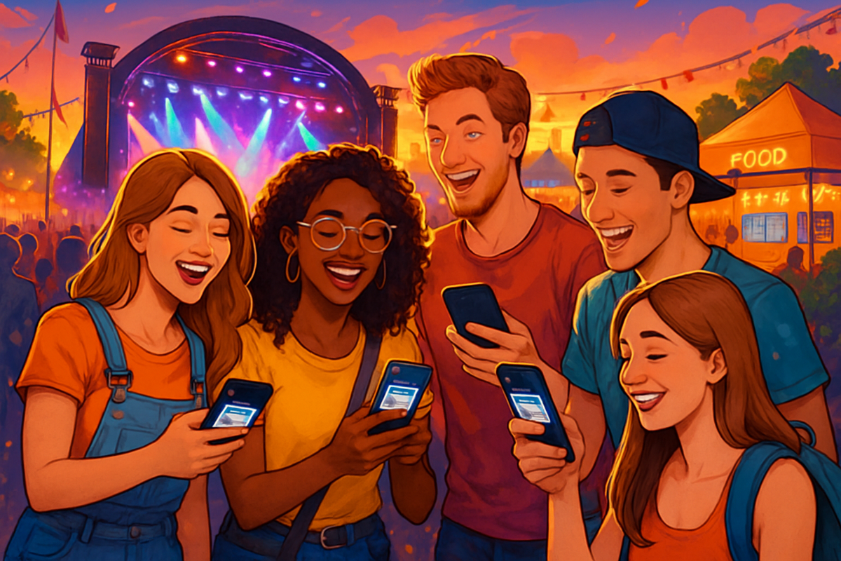 A group of six friends excitedly looking at their phones in front of a colorful festival stage at sunset.