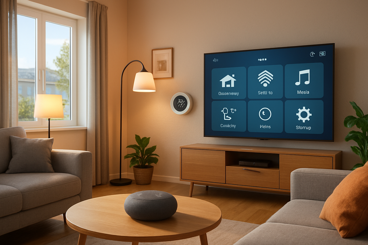 The image depicts a cozy living room with a TV displaying a smart home interface, a modern couch, floor lamp, and potted plant.