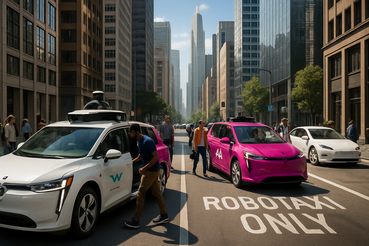 The image depicts a bustling urban street with autonomous vehicles and pedestrians, featuring a prominent "ROBOTAXI ONLY" lane.