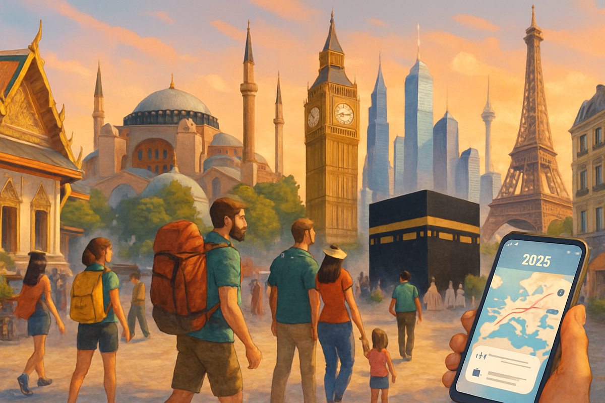 The image depicts a vibrant scene of diverse iconic landmarks such as Big Ben and the Eiffel Tower, with travelers exploring while one holds a smartphone displaying a map for 2025.