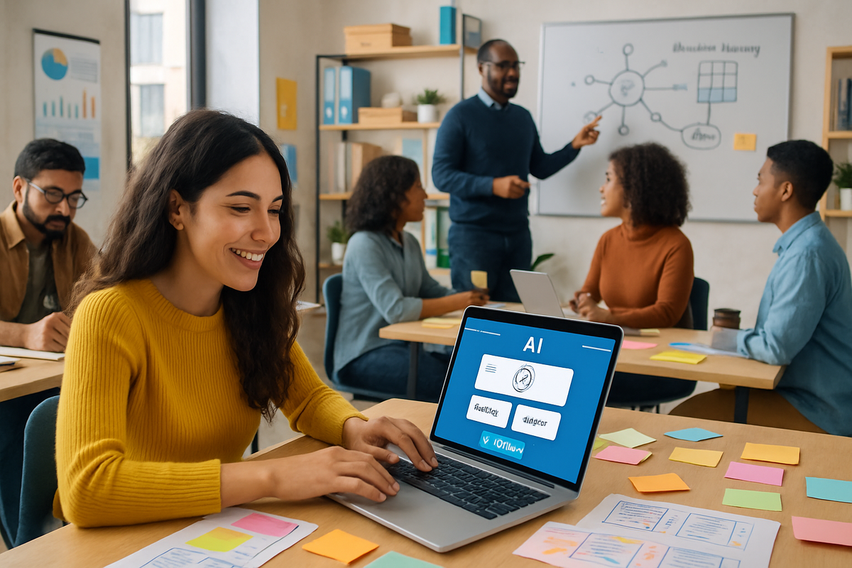 A group of diverse individuals collaborates in a modern office setting, with one person presenting ideas on a whiteboard while others engage around laptops and notes.
